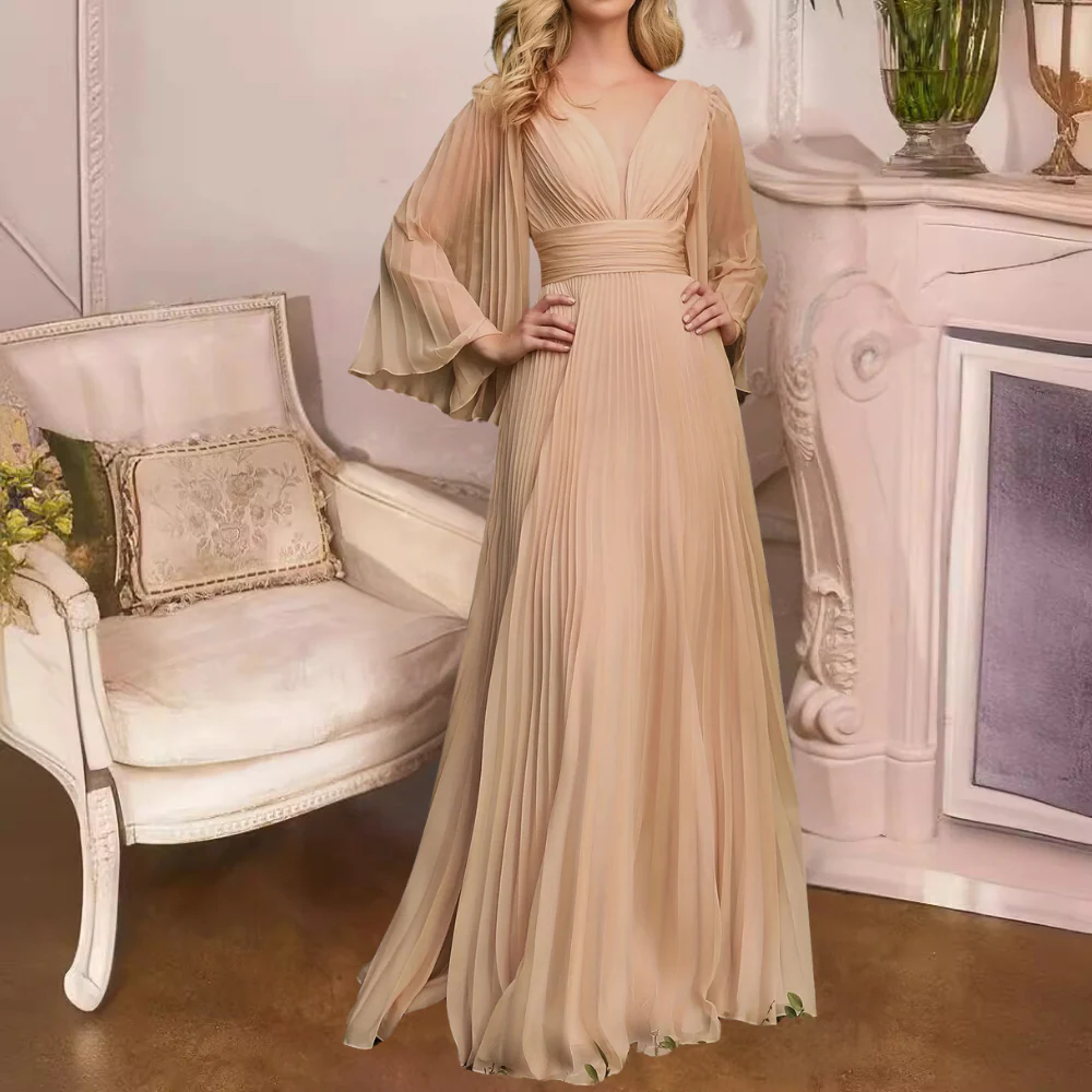 Robe Maxi Plissée Élégante pour Femme – Chiffon Col V Profond avec Manches Longues - Image 2