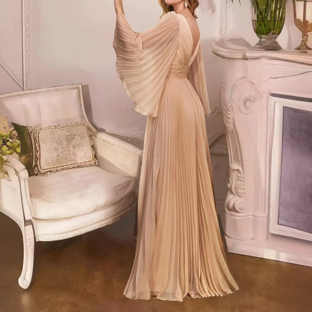 Robe Maxi Plissée Élégante pour Femme – Chiffon Col V Profond avec Manches Longues - Image 3