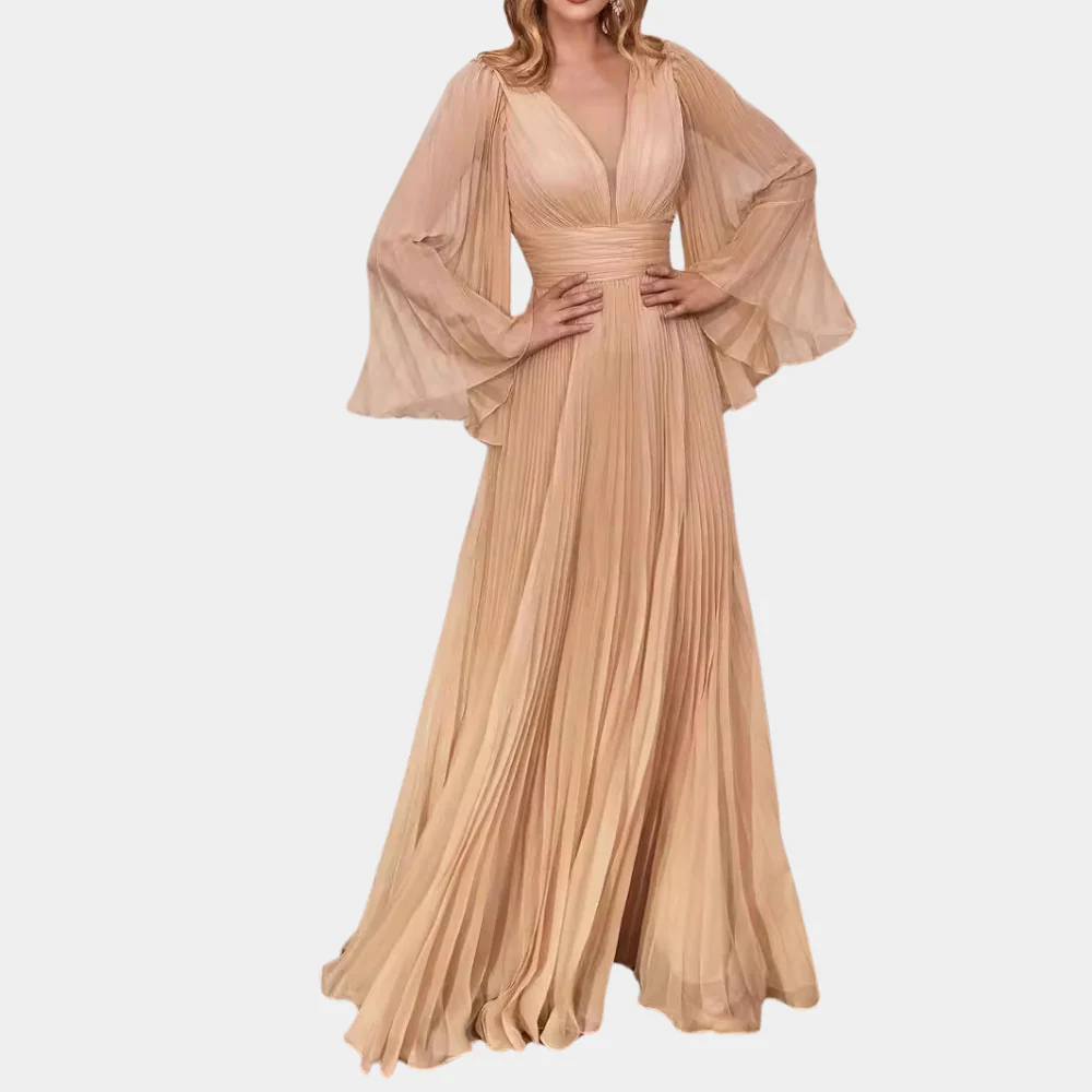 Robe Maxi Plissée Élégante pour Femme – Chiffon Col V Profond avec Manches Longues - Image 4