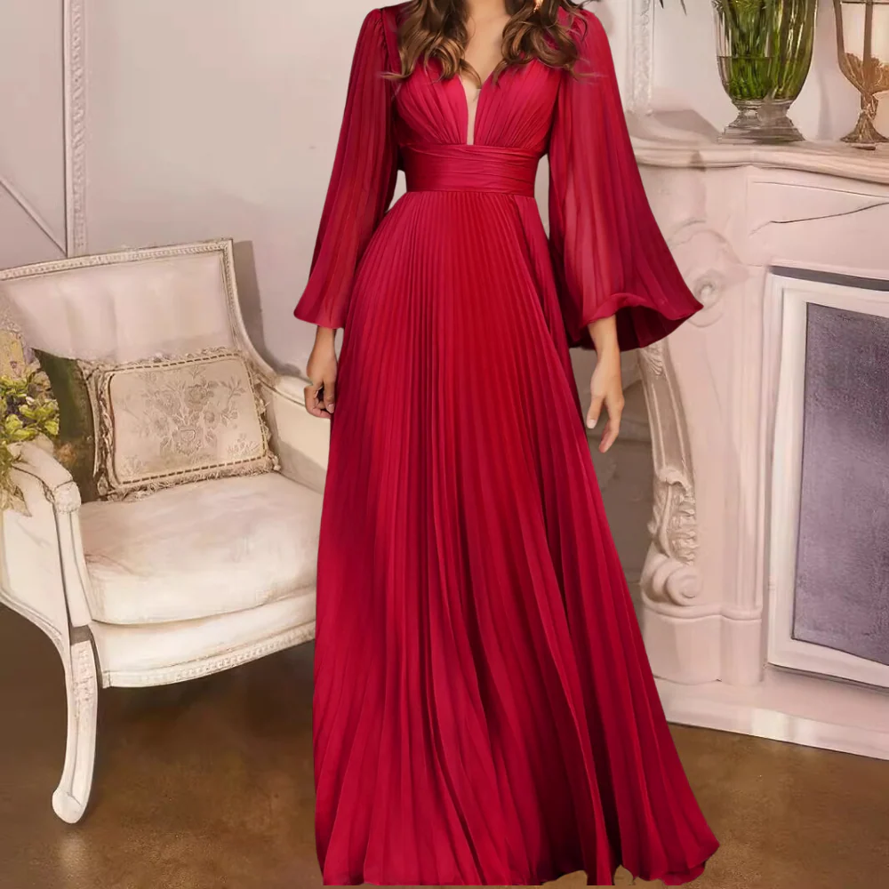 Robe Maxi Plissée Élégante pour Femme – Chiffon Col V Profond avec Manches Longues - Image 5