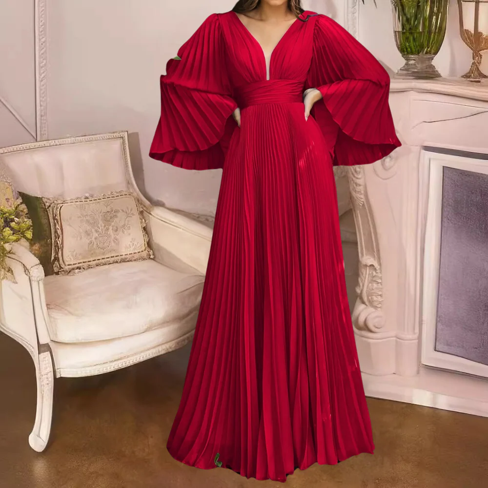 Robe Maxi Plissée Élégante pour Femme – Chiffon Col V Profond avec Manches Longues - Image 6