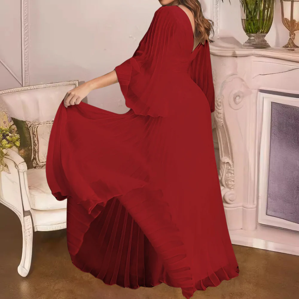 Robe Maxi Plissée Élégante pour Femme – Chiffon Col V Profond avec Manches Longues - Image 7