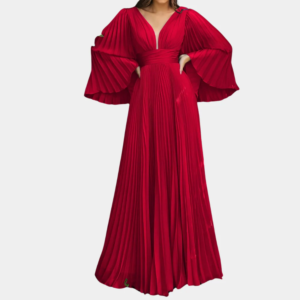 Robe Maxi Plissée Élégante pour Femme – Chiffon Col V Profond avec Manches Longues - Image 8