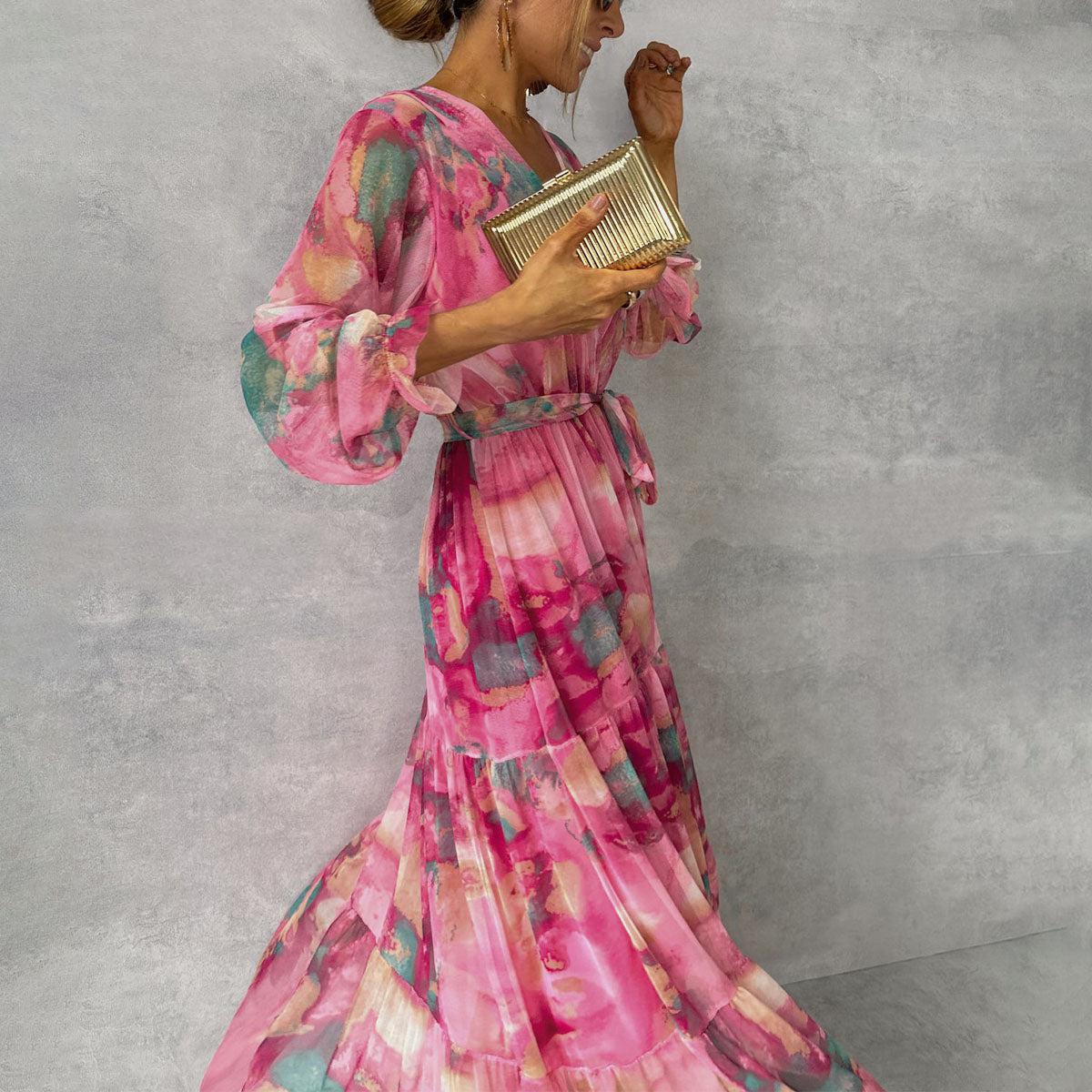 Robe Maxi Portefeuille Abstraite Élégante Femme – Col V Coupe Fluide - Image 4