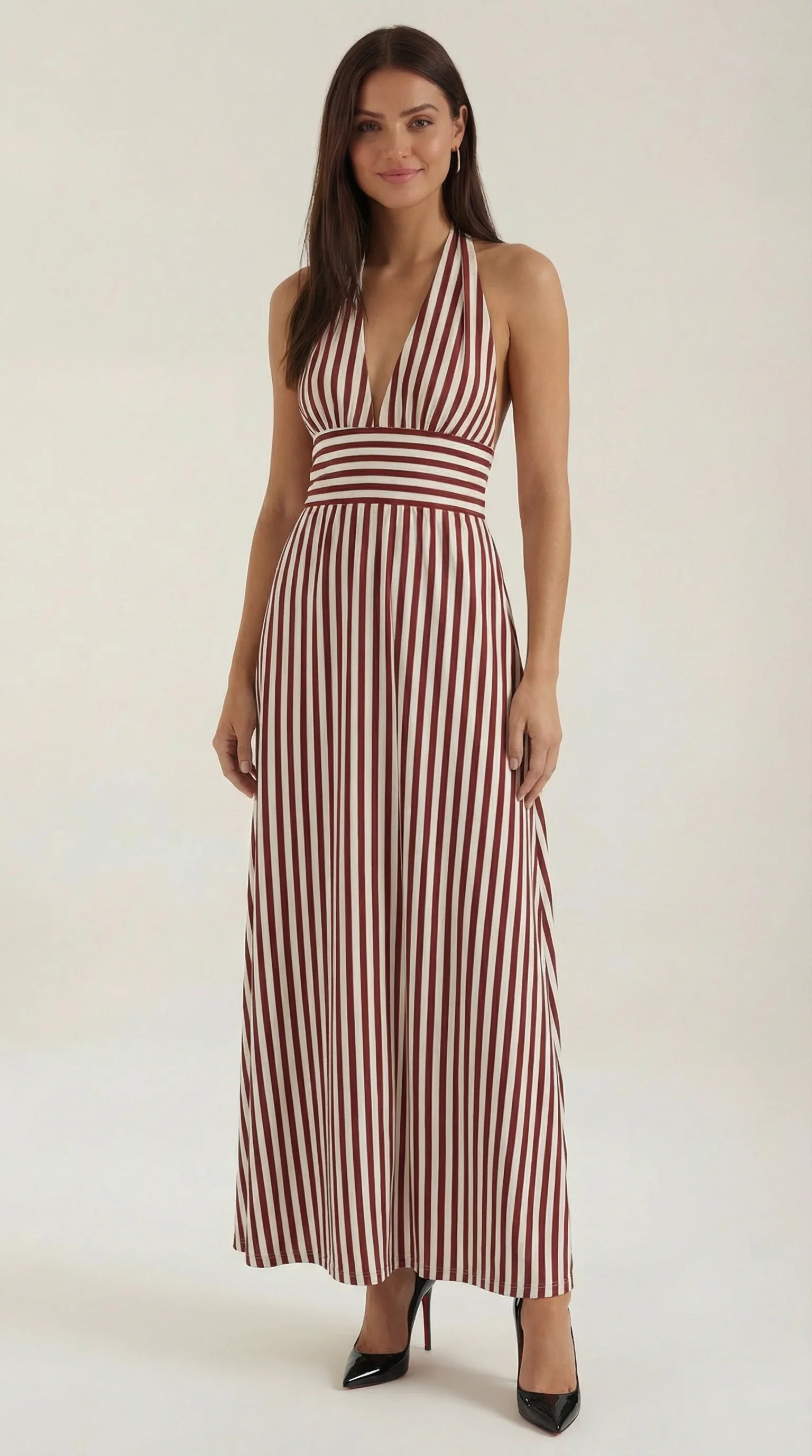Robe Maxi Rayée Élégante Femme – Dos Nu Col V Halter - Image 6