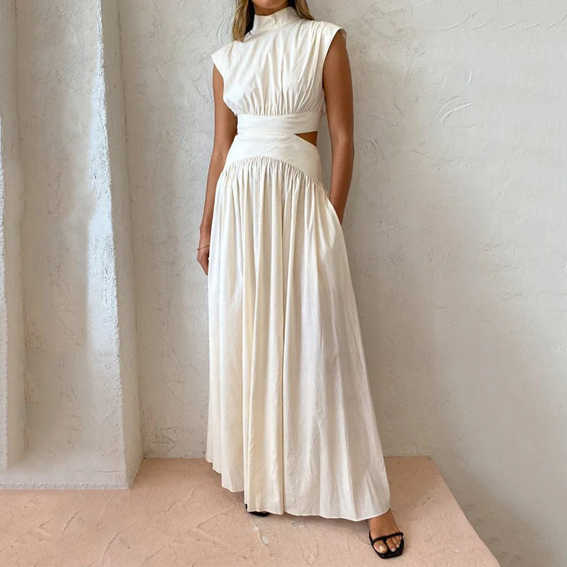 Robe Maxi Sans Manches Col Montant Femme – Style Plissé Fluide avec Découpes