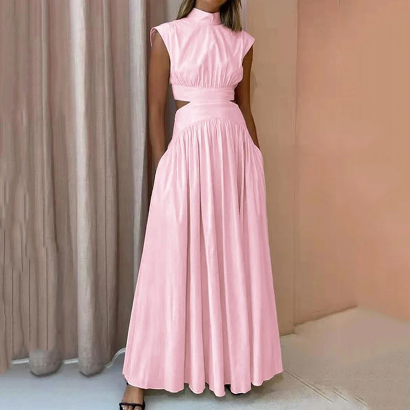 Robe Maxi Sans Manches Col Montant Femme – Style Plissé Fluide avec Découpes - Image 3