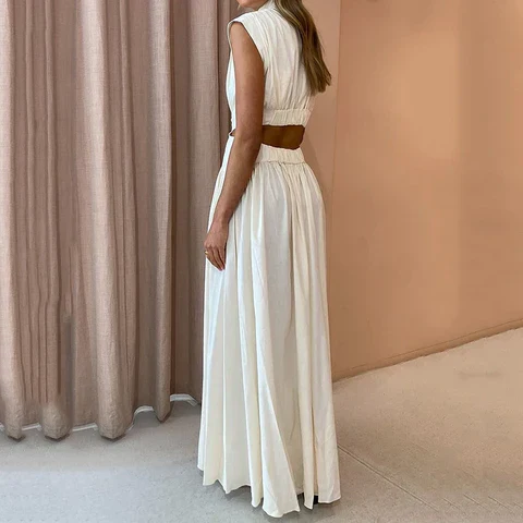 Robe Maxi Sans Manches Col Montant Femme – Style Plissé Fluide avec Découpes - Image 4