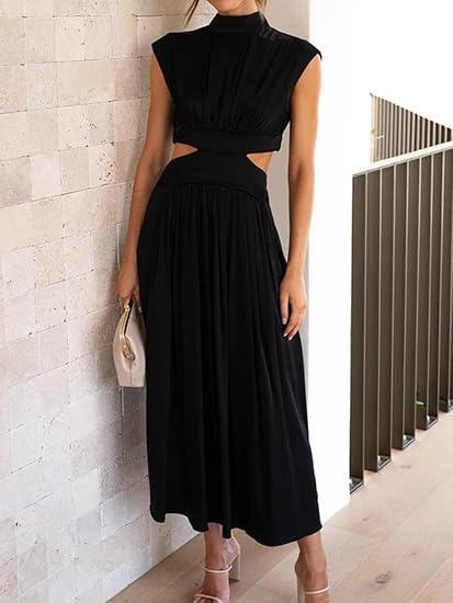 Robe Maxi Sans Manches Col Montant Femme – Style Plissé Fluide avec Découpes - Image 5
