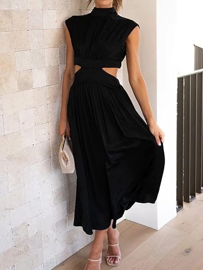 Robe Maxi Sans Manches Col Montant Femme – Style Plissé Fluide avec Découpes - Image 9