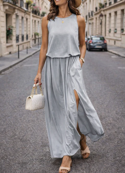 Robe maxi sans manches pour femme – Fente latérale, fluide, élégante, style estival - Image 3