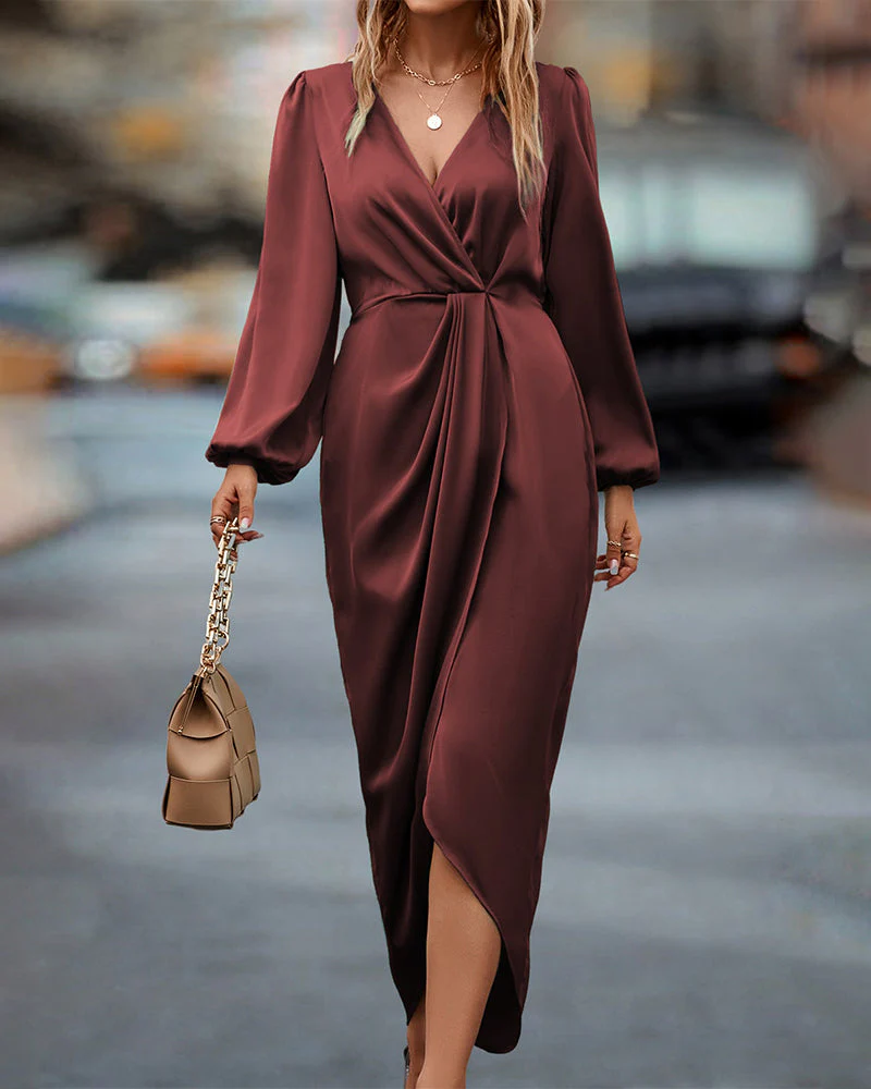 Robe Mi-Longue Élégante en Satin Femme – Col V avec Manches Longues Bouffantes