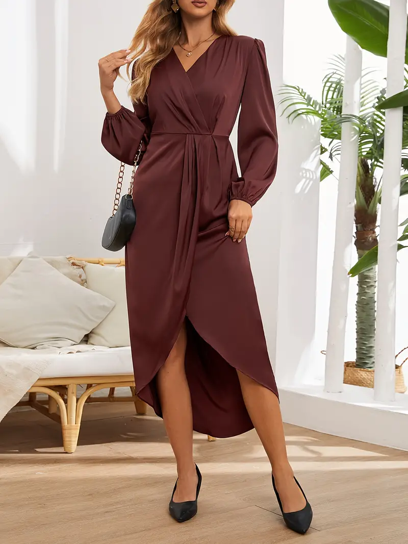 Robe Mi-Longue Élégante en Satin Femme – Col V avec Manches Longues Bouffantes - Image 3