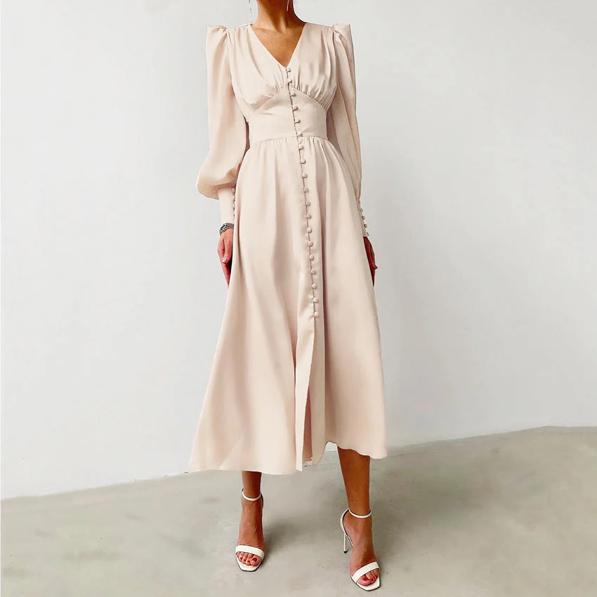 Robe Mi-Longue Élégante en Satin – Manches Bouffantes Boutonnée - Image 2