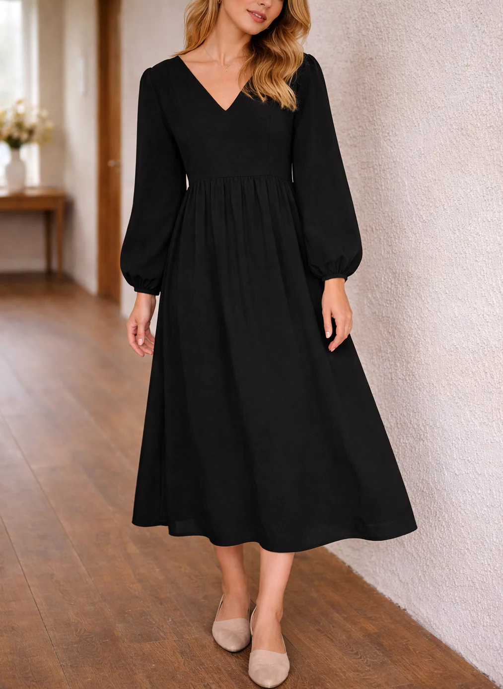 Robe midi à col V pour femme – Style chic, élégant et décontracté au quotidien - Image 2
