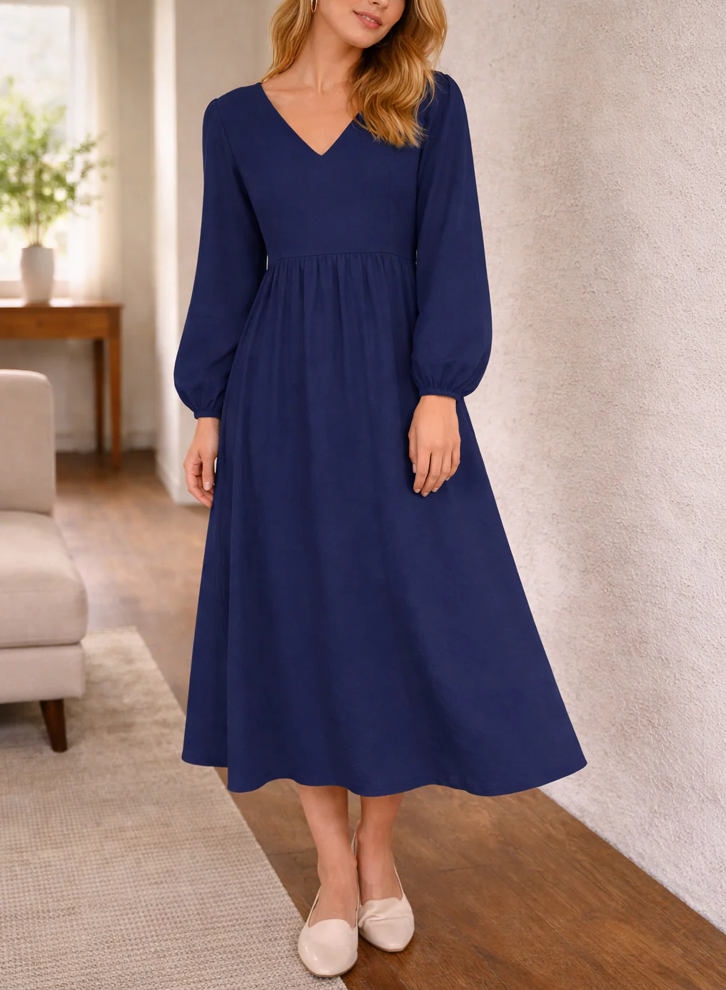 Robe midi à col V pour femme – Style chic, élégant et décontracté au quotidien - Image 3