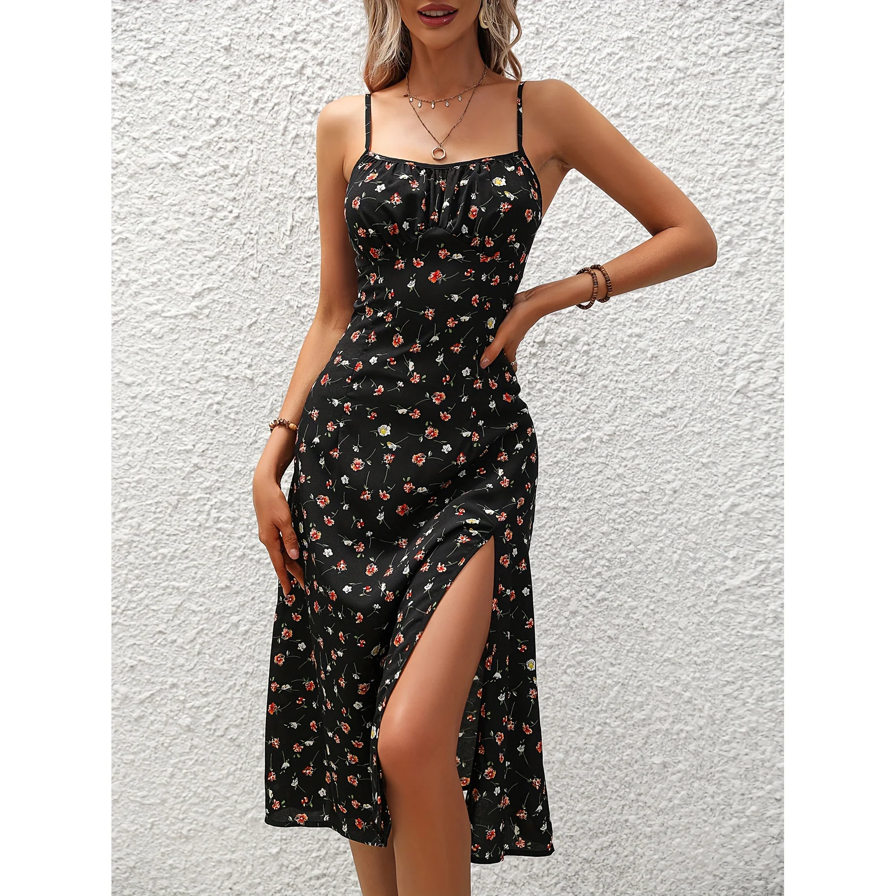 Robe Midi à Pois avec Fente Femme – Robe d’Été Élégante Sans Manches - Image 2
