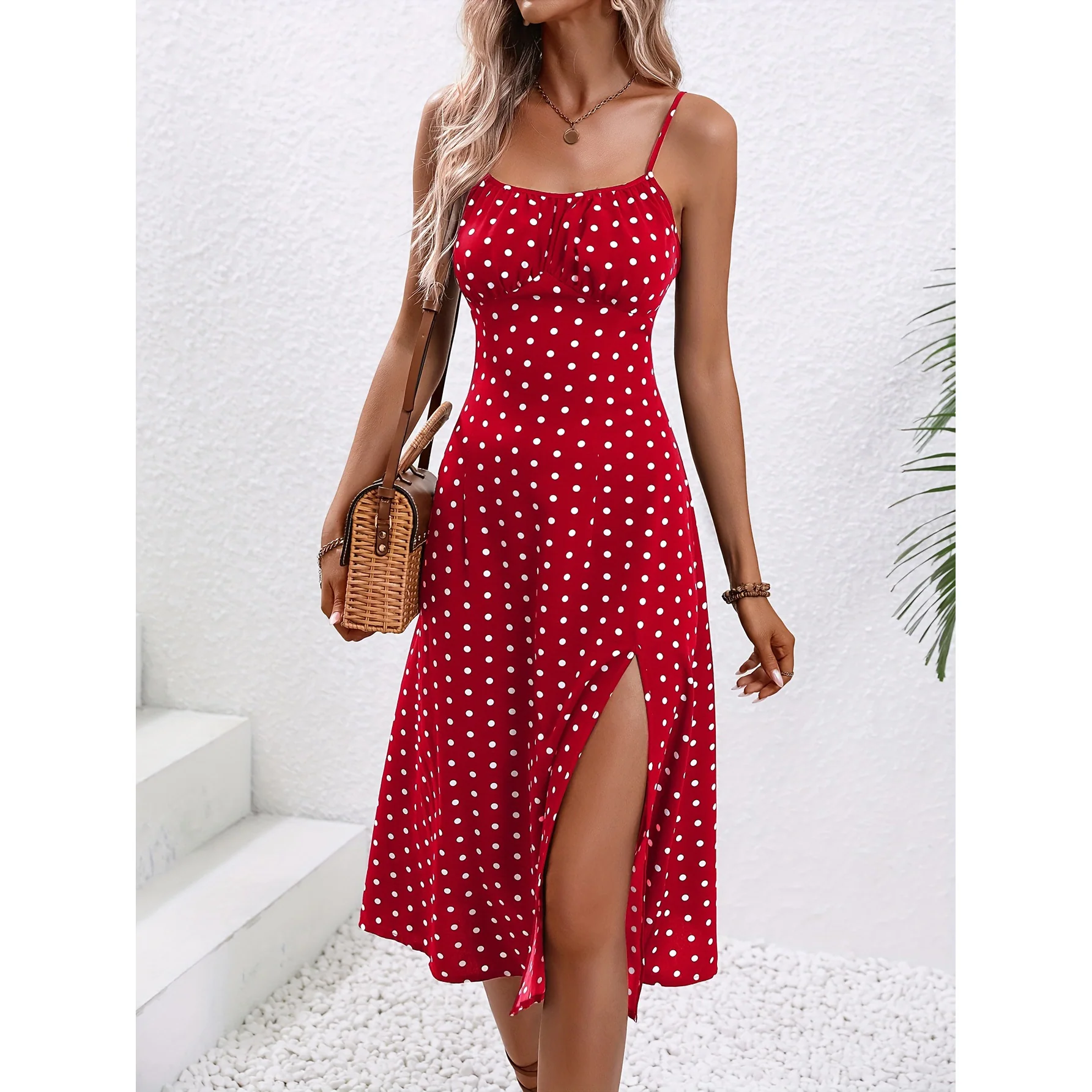 Robe Midi à Pois avec Fente Femme – Robe d’Été Élégante Sans Manches - Image 6