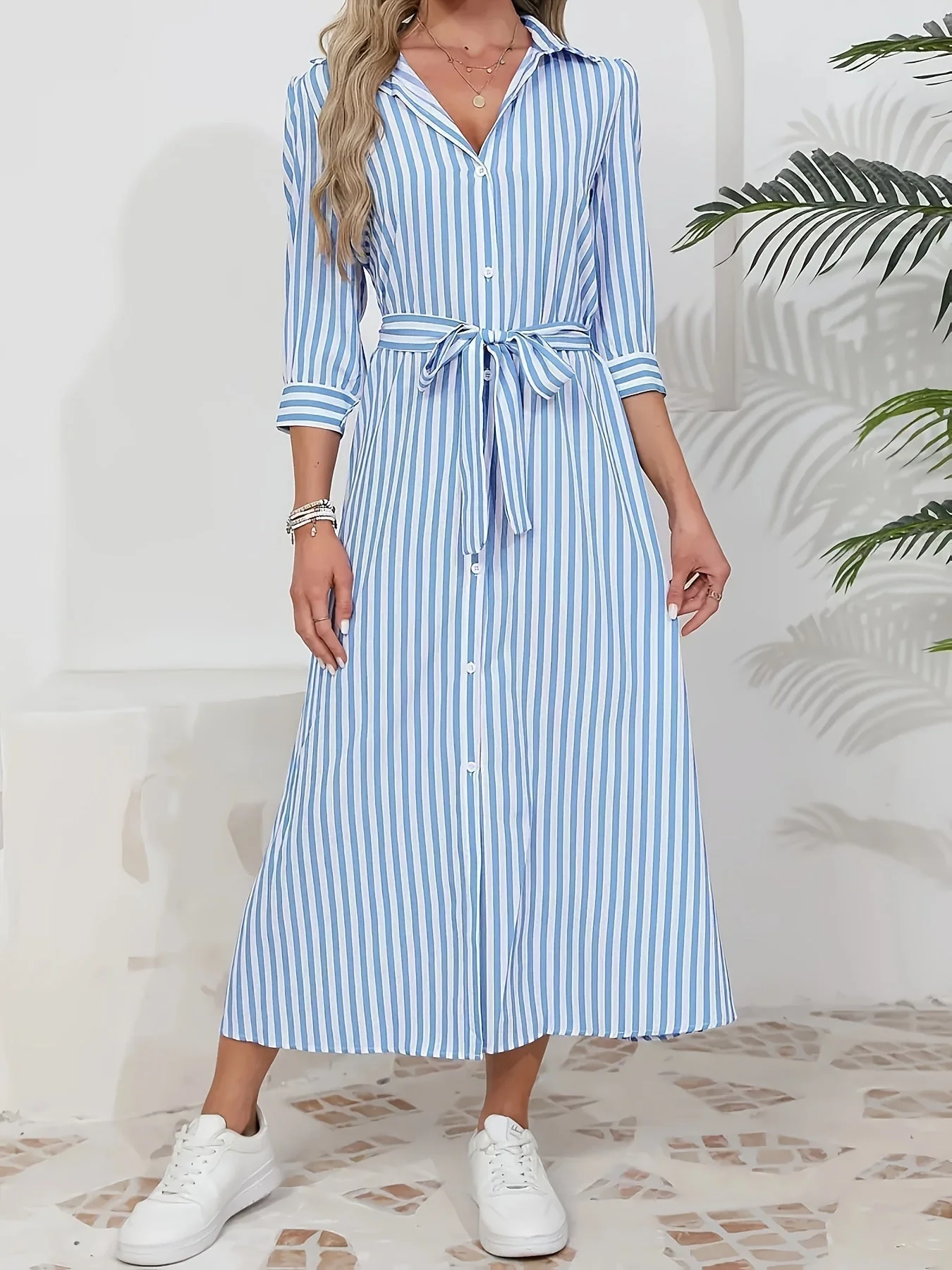 Robe midi chemise femme a rayures et taille nouee - Chic et decontractee - Image 10