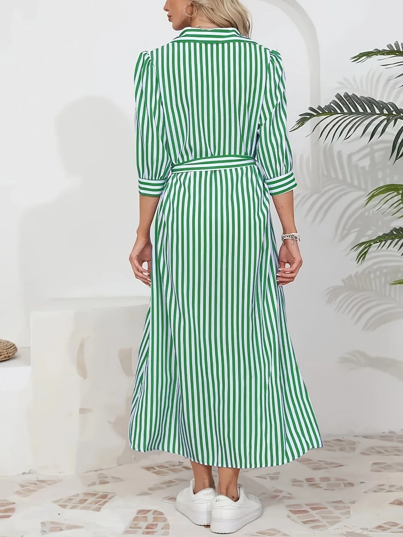 Robe midi chemise femme a rayures et taille nouee - Chic et decontractee - Image 2
