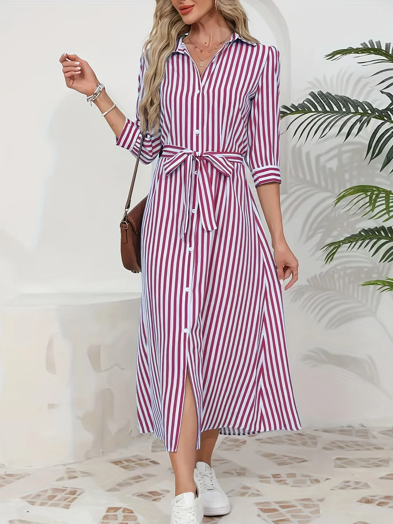 Robe midi chemise femme a rayures et taille nouee - Chic et decontractee - Image 6