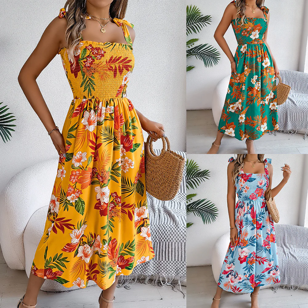 Robe Midi Corset Fleurie Femme – Tenue d’Été Élégante pour Vacances à la Plage
