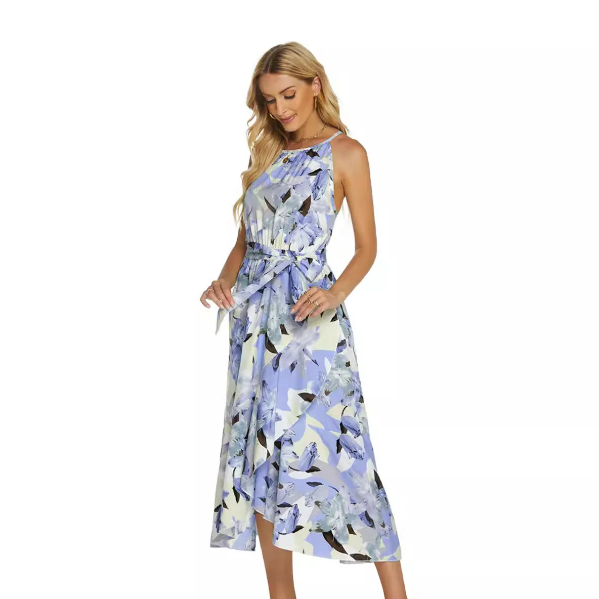 Robe Midi Élégante à Col Halter pour Femme – Imprimé Floral Satinée Sans Manches - Image 2