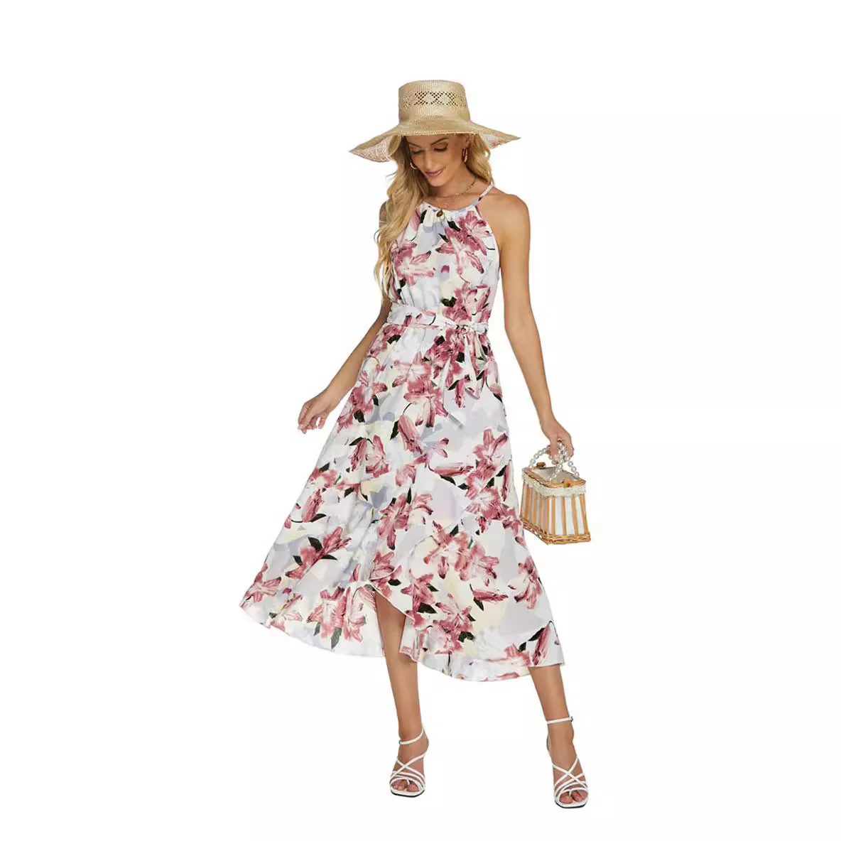 Robe Midi Élégante à Col Halter pour Femme – Imprimé Floral Satinée Sans Manches - Image 3