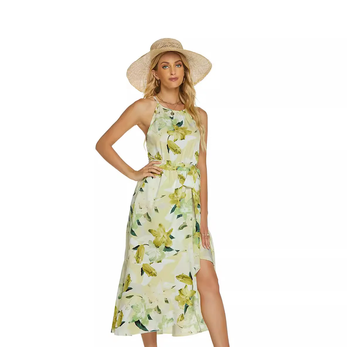 Robe Midi Élégante à Col Halter pour Femme – Imprimé Floral Satinée Sans Manches - Image 4