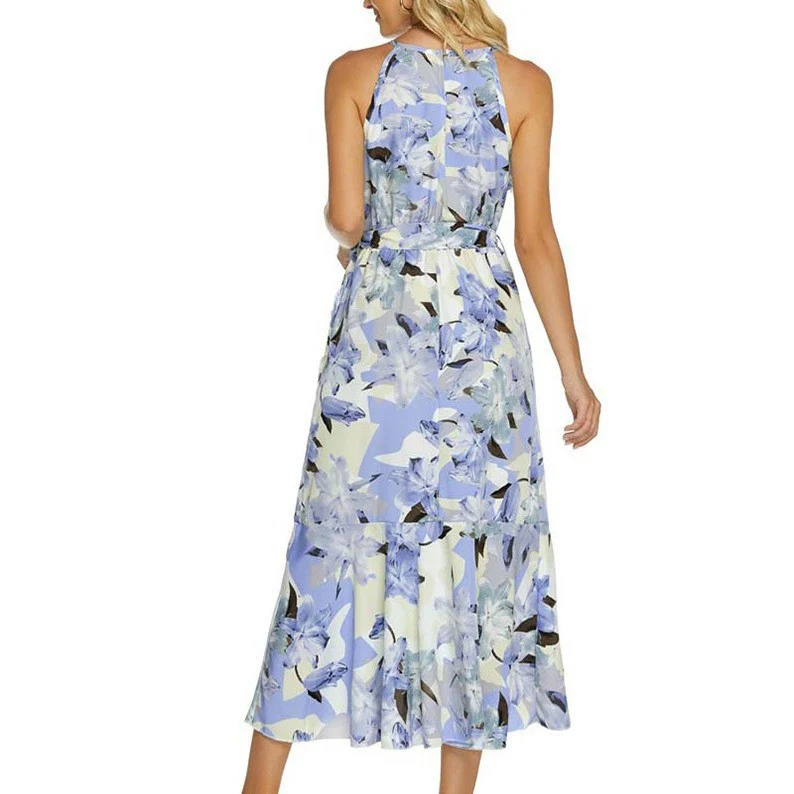 Robe Midi Élégante à Col Halter pour Femme – Imprimé Floral Satinée Sans Manches - Image 5