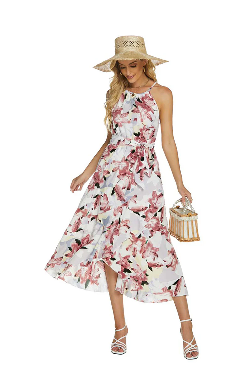 Robe Midi Élégante à Col Halter pour Femme – Imprimé Floral Satinée Sans Manches - Image 6