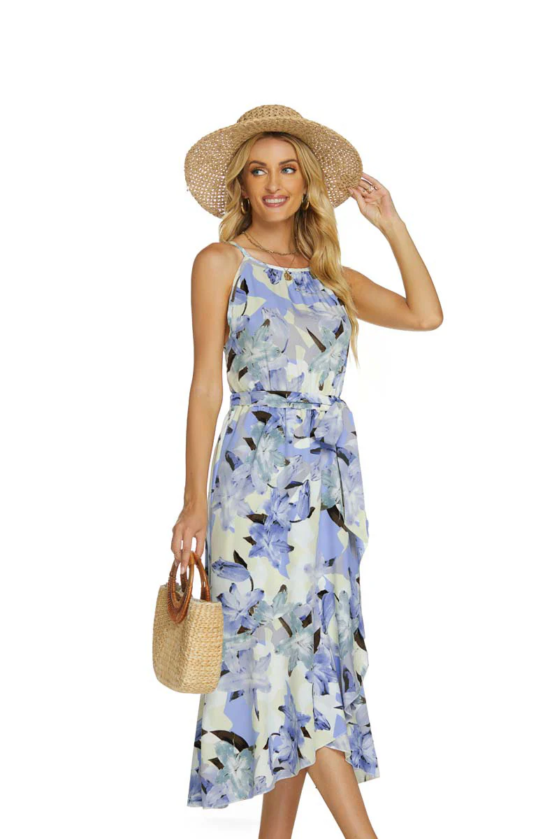 Robe Midi Élégante à Col Halter pour Femme – Imprimé Floral Satinée Sans Manches - Image 8