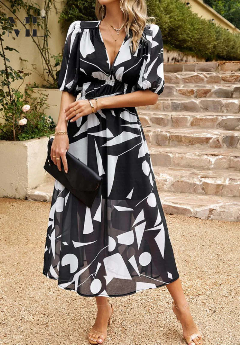 Robe Midi Élégante à Fleurs avec Manches Bouffantes pour Femme - Image 12