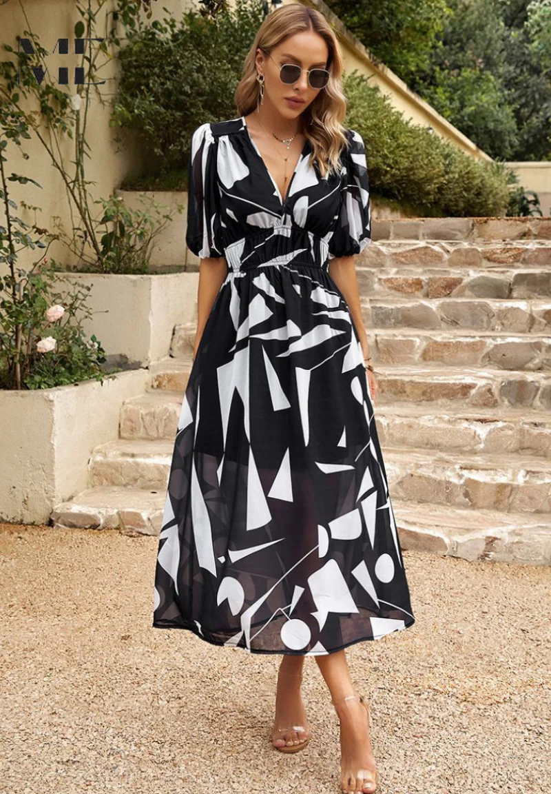 Robe Midi Élégante à Fleurs avec Manches Bouffantes pour Femme - Image 16