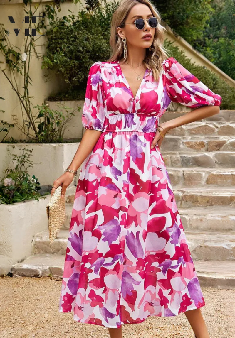 Robe Midi Élégante à Fleurs avec Manches Bouffantes pour Femme - Image 17