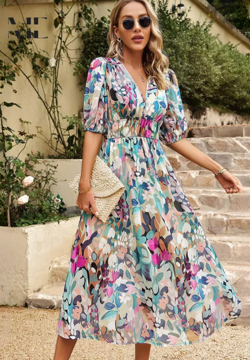 Robe Midi Élégante à Fleurs avec Manches Bouffantes pour Femme - Image 4