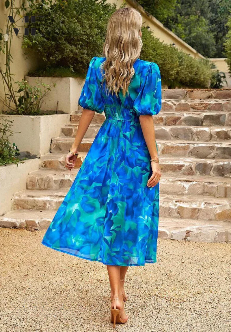 Robe Midi Élégante à Fleurs avec Manches Bouffantes pour Femme - Image 6
