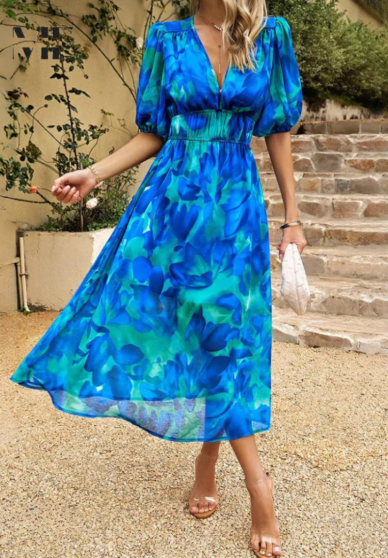 Robe Midi Élégante à Fleurs avec Manches Bouffantes pour Femme - Image 8
