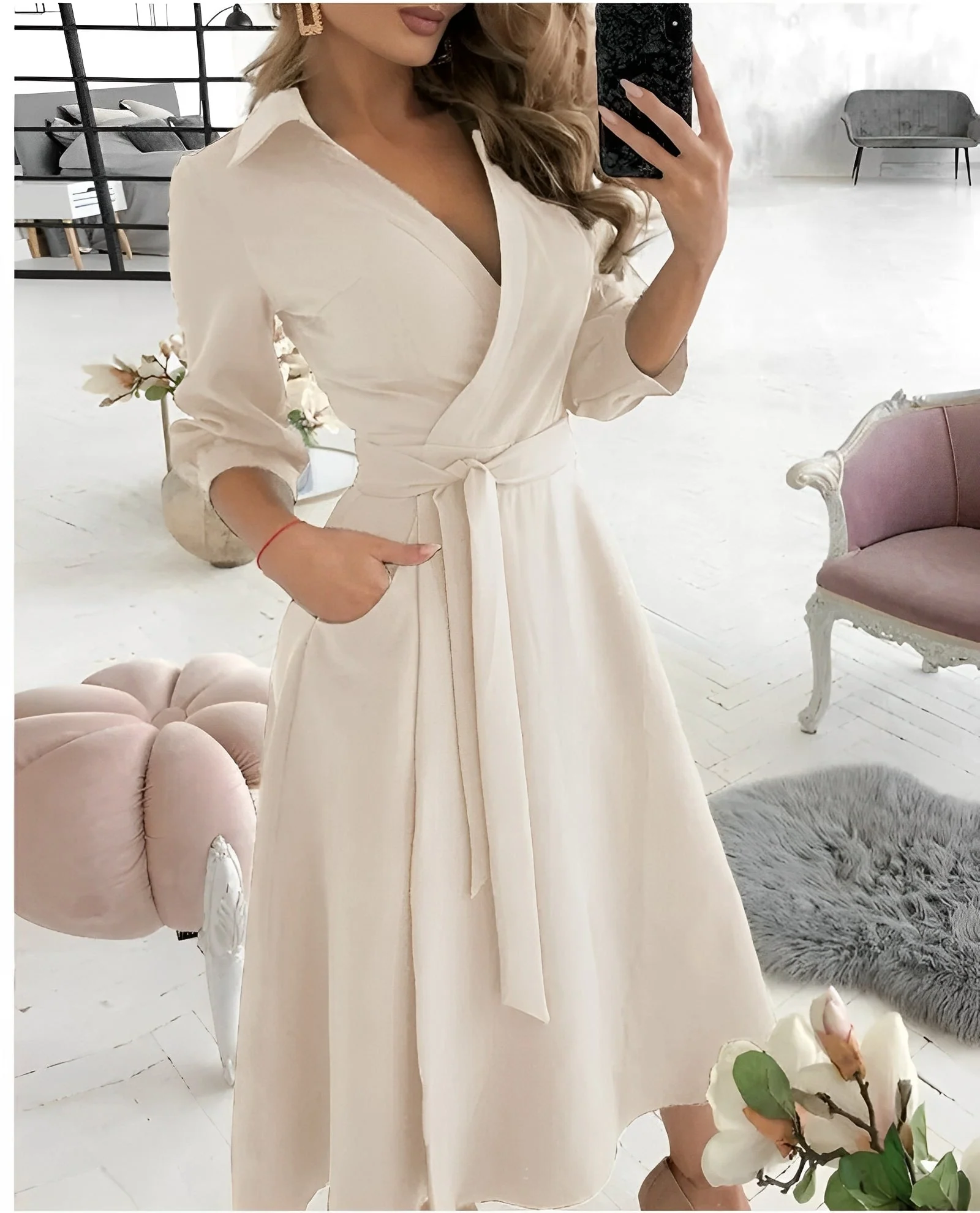 Robe Midi Élégante à Manches Longues et Enveloppement pour Femme – Col en V Style Occasions Spéciales