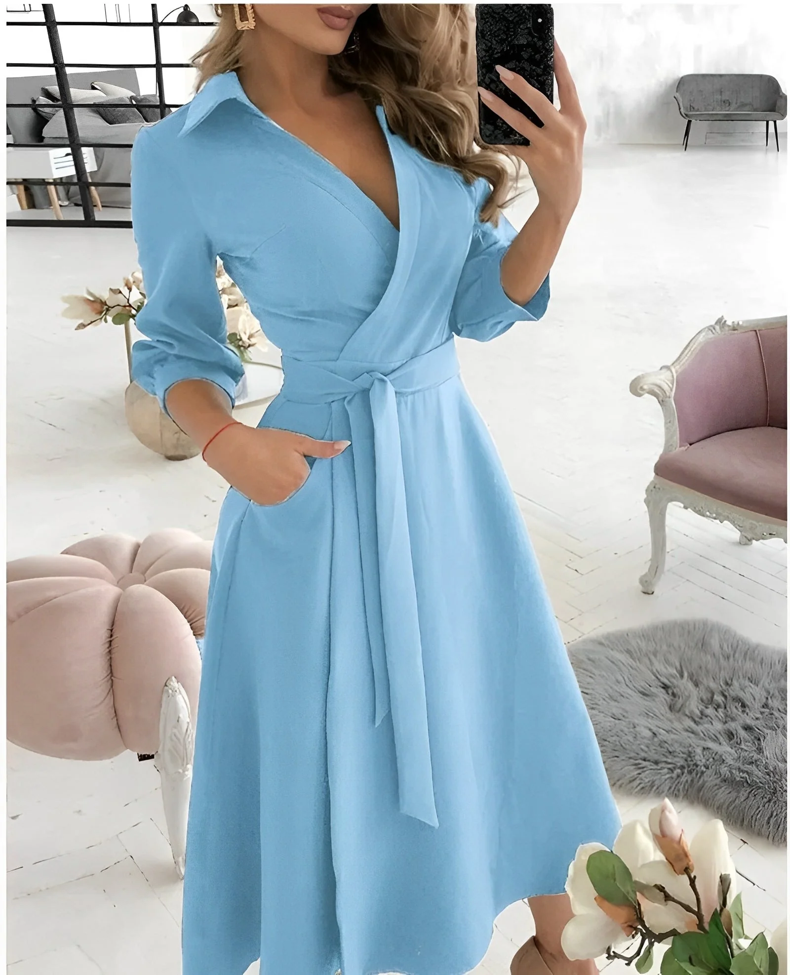 Robe Midi Élégante à Manches Longues et Enveloppement pour Femme – Col en V Style Occasions Spéciales - Image 2