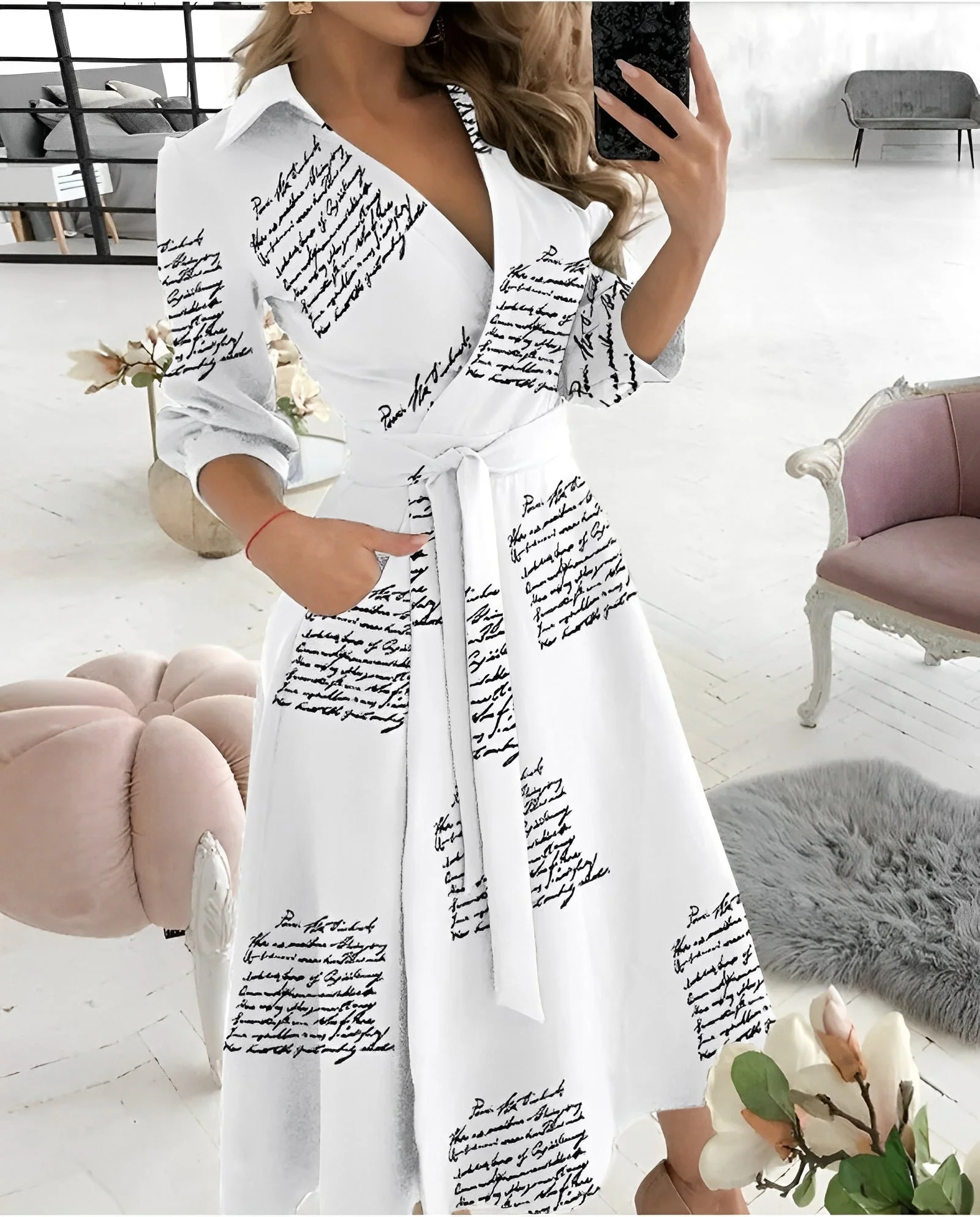 Robe Midi Élégante à Manches Longues et Enveloppement pour Femme – Col en V Style Occasions Spéciales - Image 3