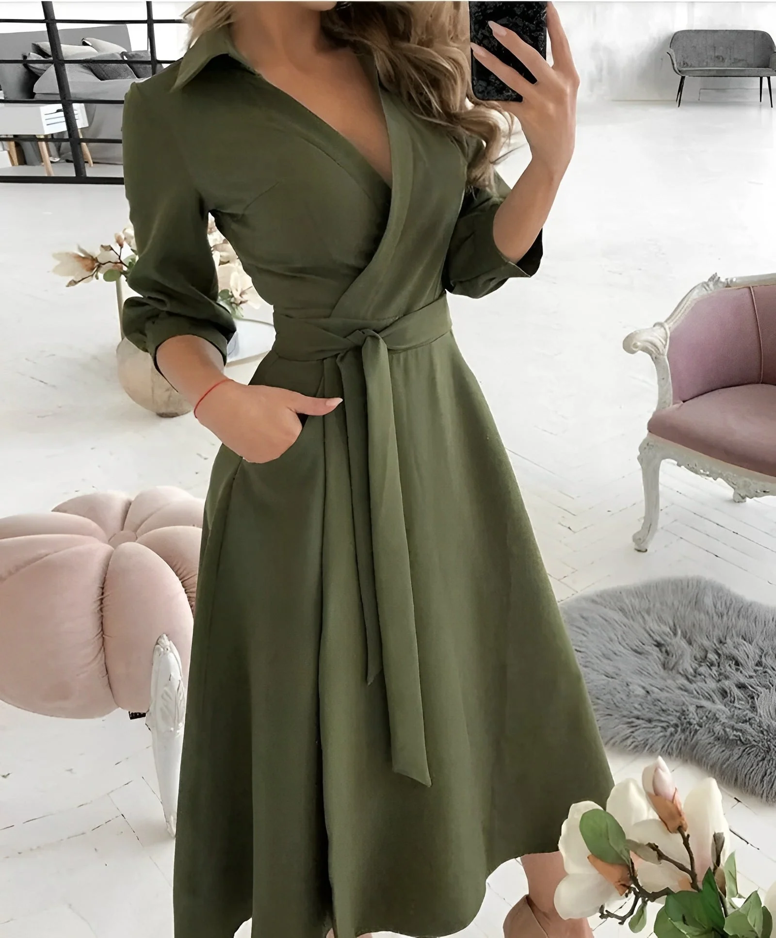 Robe Midi Élégante à Manches Longues et Enveloppement pour Femme – Col en V Style Occasions Spéciales - Image 4