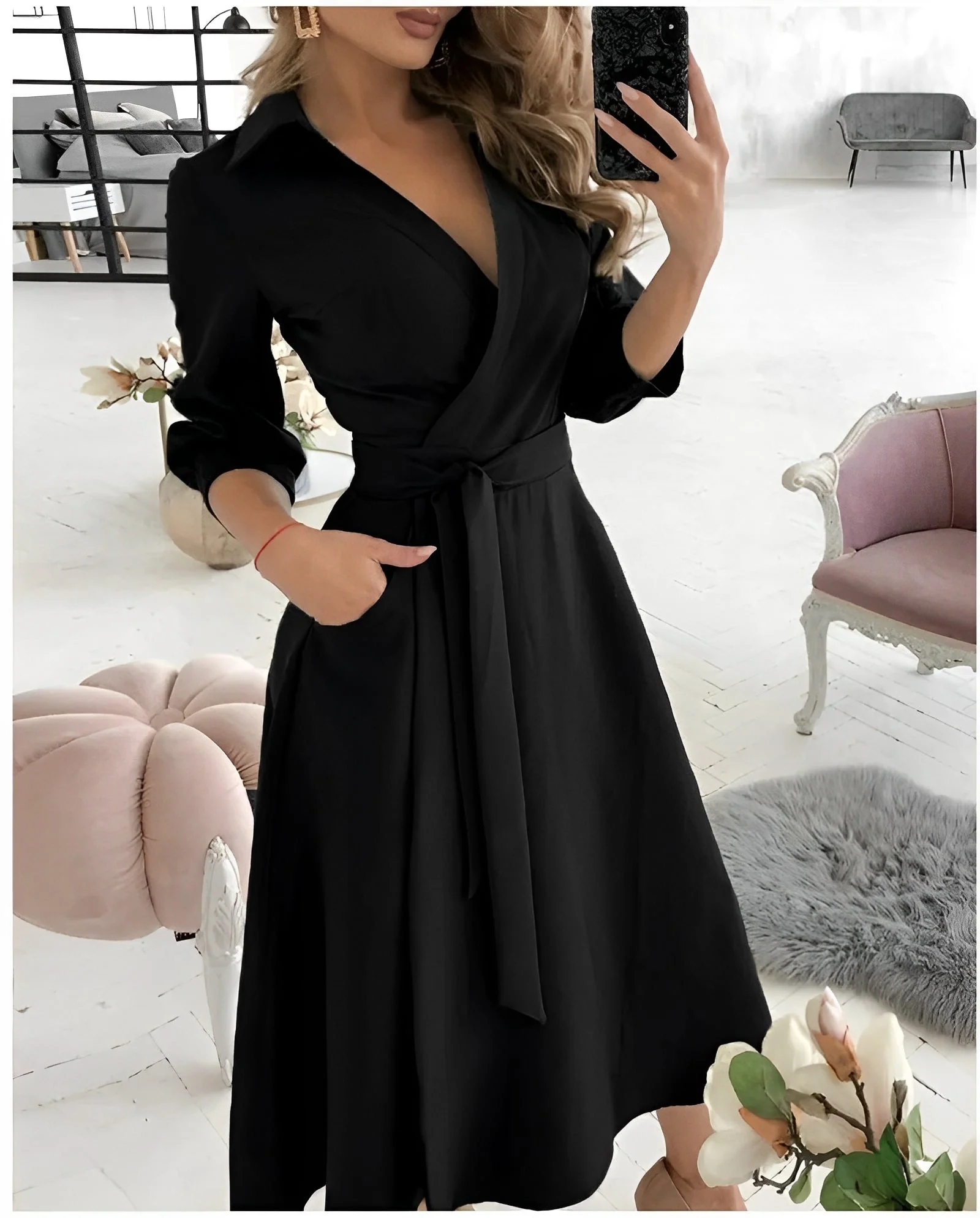 Robe Midi Élégante à Manches Longues et Enveloppement pour Femme – Col en V Style Occasions Spéciales - Image 5