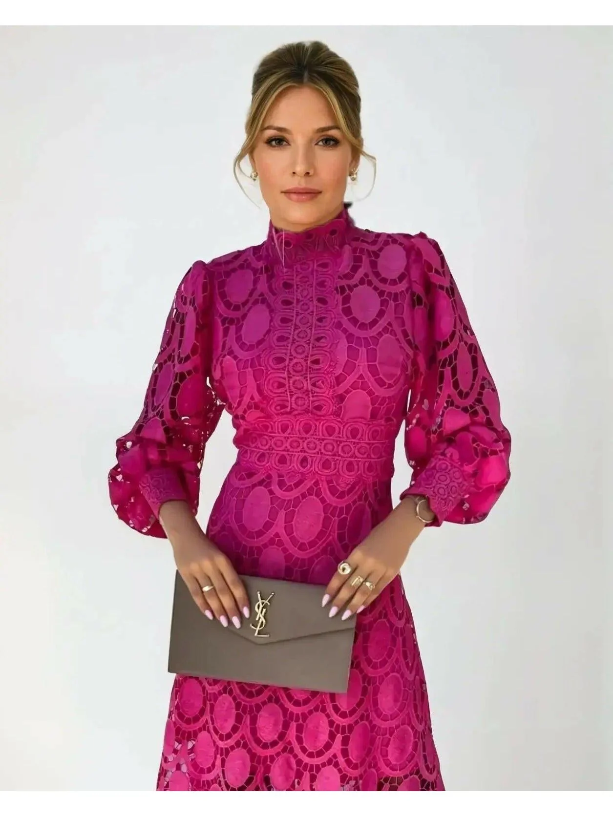 Robe midi élégante en dentelle française pour femmes – robe évasée à manches longues - Image 4