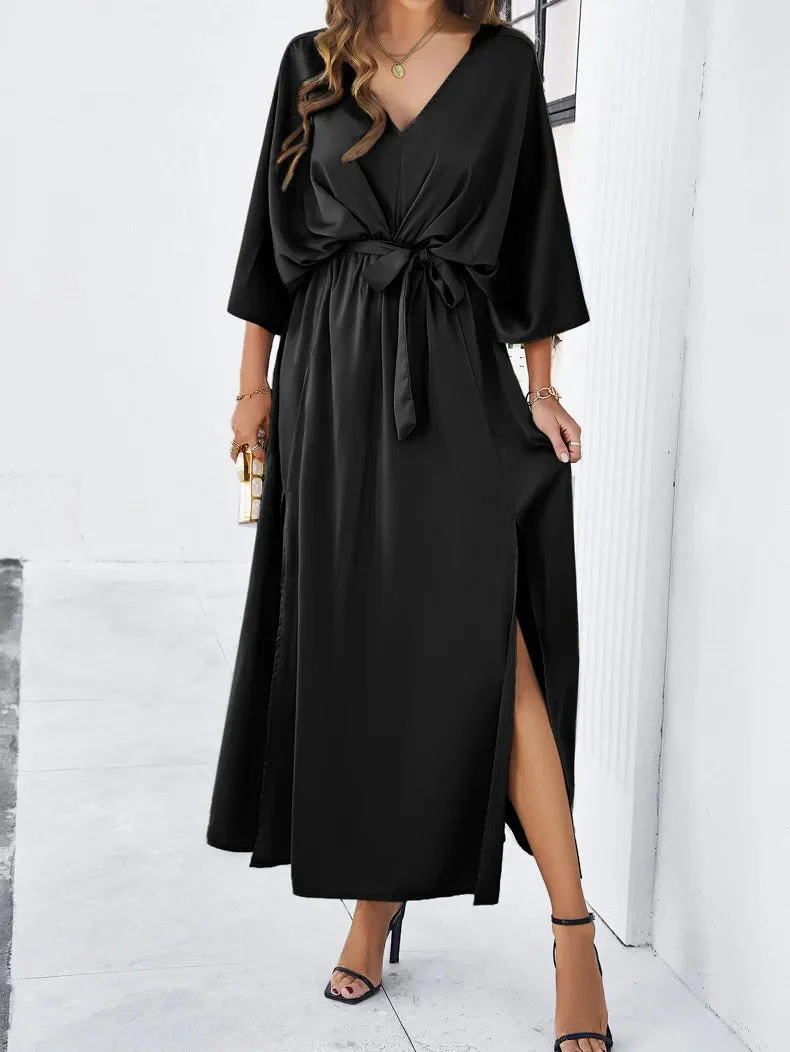 Robe Midi Élégante Femme Col V – Design Fendu avec Manches Chauve-Souris 3/4 - Image 6