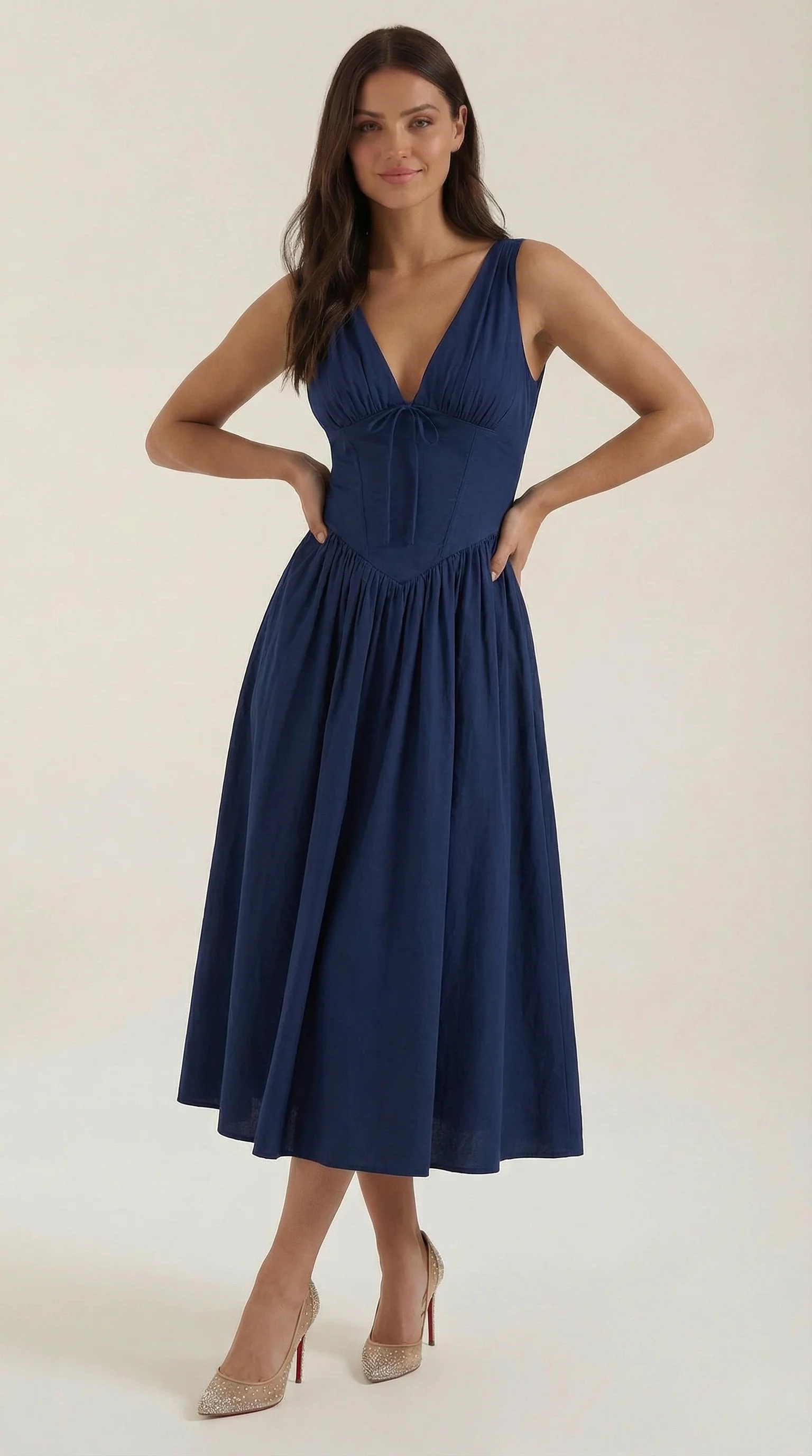 Robe Midi Élégante Femme – Décolleté en V Style Corset Évasé à Bretelles