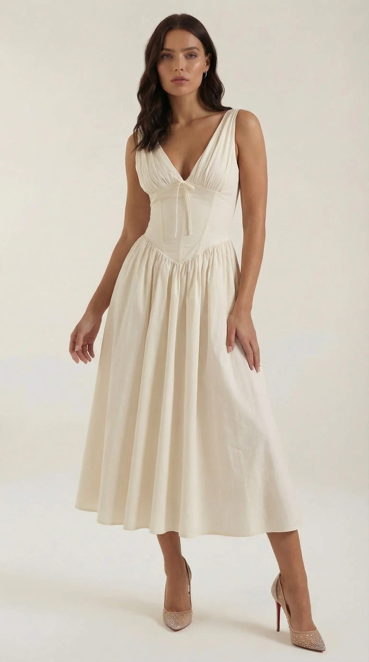 Robe Midi Élégante Femme – Décolleté en V Style Corset Évasé à Bretelles - Image 11