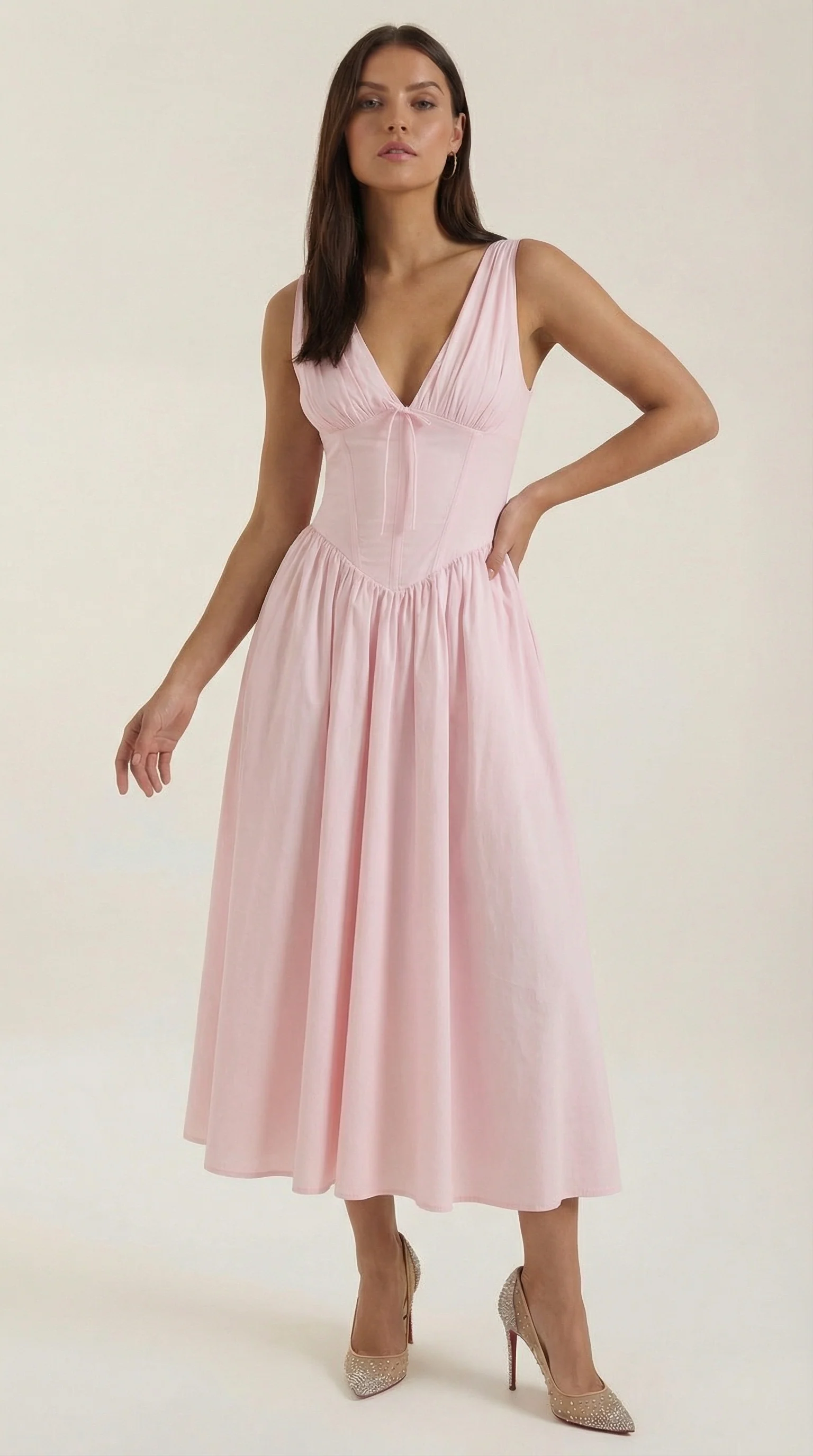 Robe Midi Élégante Femme – Décolleté en V Style Corset Évasé à Bretelles - Image 16