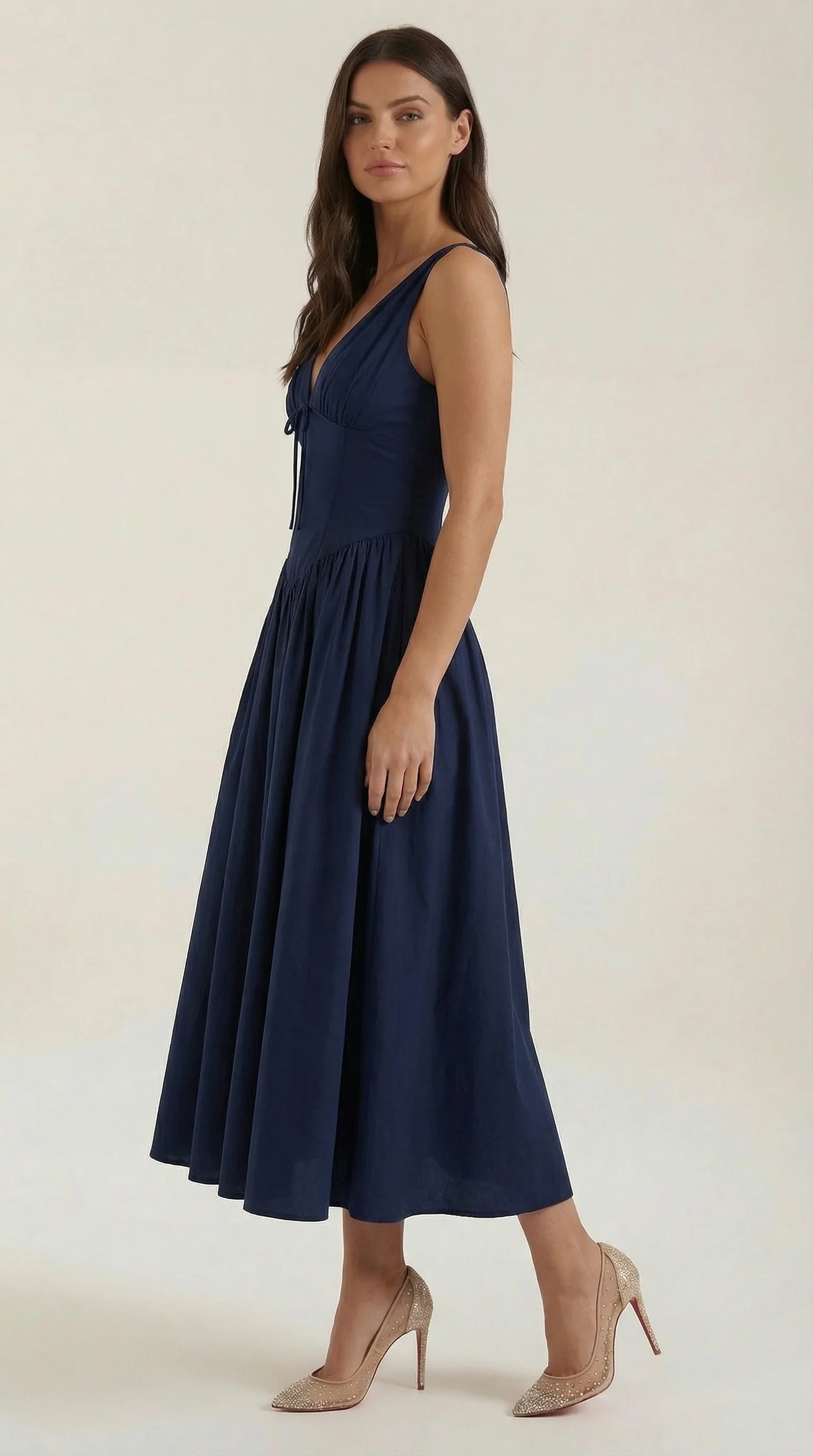 Robe Midi Élégante Femme – Décolleté en V Style Corset Évasé à Bretelles - Image 2