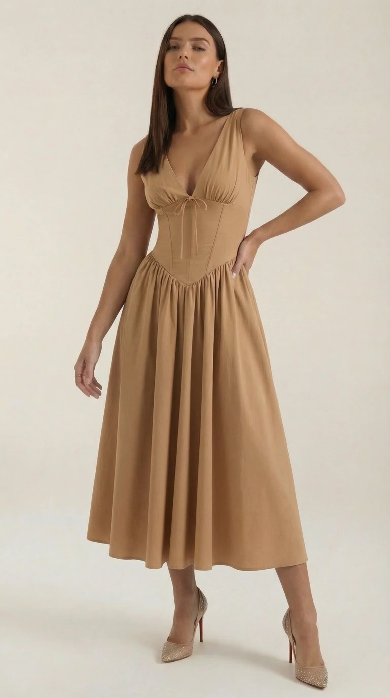 Robe Midi Élégante Femme – Décolleté en V Style Corset Évasé à Bretelles - Image 21